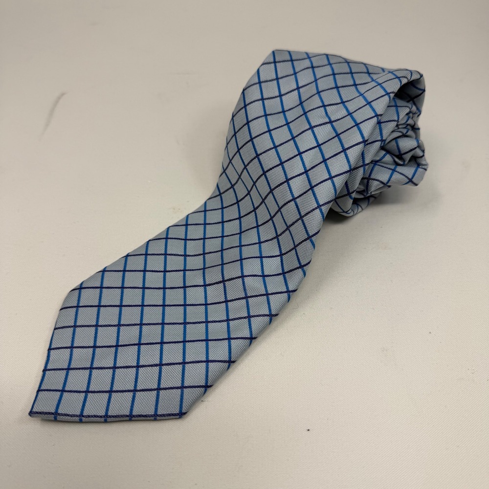 Ateseta Como-Firenze Mens Silk Tie Blue Windowpane Check Made in Italy 3.75"